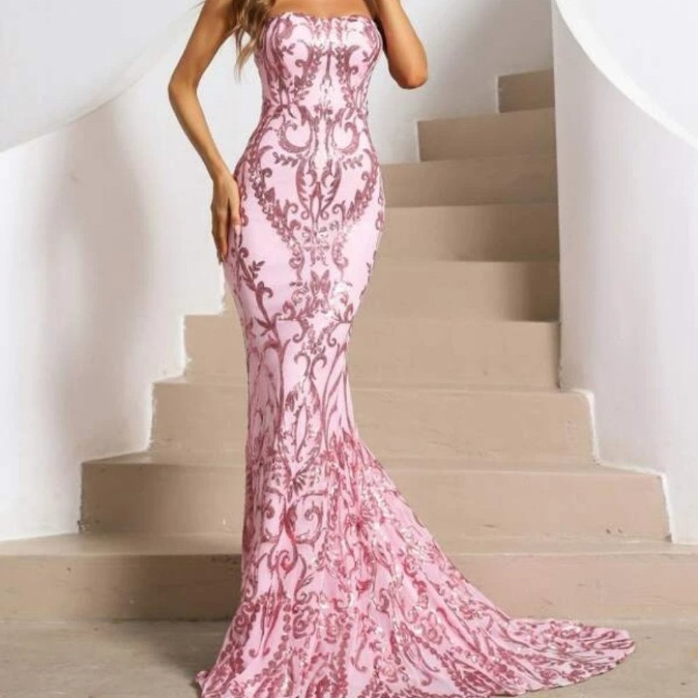 Formal Sequin detail Maxi Dress with train Pink - Picture 15 of 15
